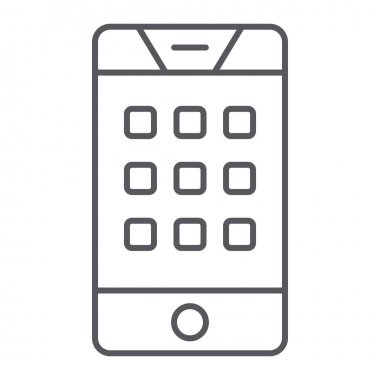 Telefondaki arama numarası ince çizgi simgesi, mobil ve arama, akıllı telefon tabelasında tuş takımı, vektör grafikleri, beyaz arka planda doğrusal bir desen.