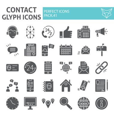 İletişim glyph simge seti, iletişim sembolleri toplama, vektör çizimleri, logo çizimleri, iletişim bilgileri işaretleri beyaz arka plan üzerinde izole katı piktogramlar paketi.