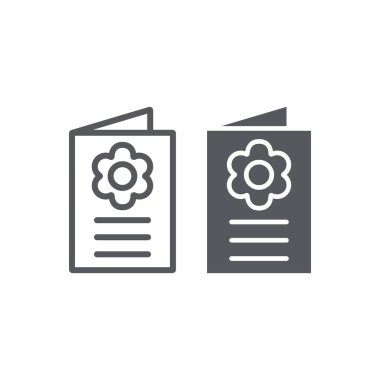 Kartpostal çizgisi ve glyph simgesi, kart ve telgraf, tebrik kartı işareti, vektör grafikleri, beyaz arka planda doğrusal desen.