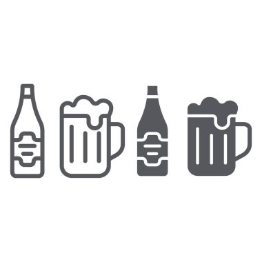 Bira hattı ve glyph simgesi, bar ve alkol, cam ve şişe işareti, vektör grafikleri, beyaz arka plan üzerinde doğrusal bir desen.