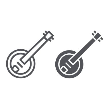 Banjo çizgi ve glyph simgesi, müzik ve dize, halk müzik aleti işareti, vektör grafik, beyaz bir arka plan üzerinde doğrusal bir desen.