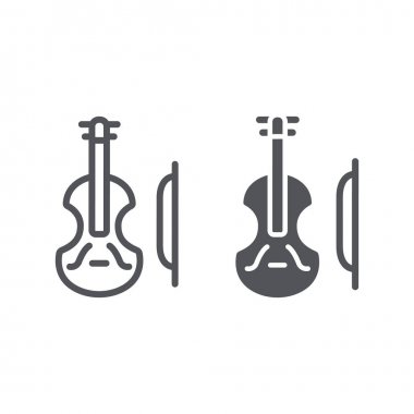 Keman hattı ve glyph simgesi, müzik ve enstrüman, viyolonsel işareti, vektör grafikleri, beyaz arka plan üzerinde doğrusal bir desen.