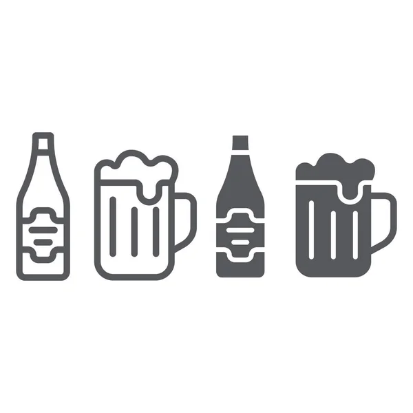 Línea de cerveza e icono de glifo, barra y alcohol, signo de vidrio y botella, gráficos vectoriales, un patrón lineal sobre un fondo blanco . — Vector de stock