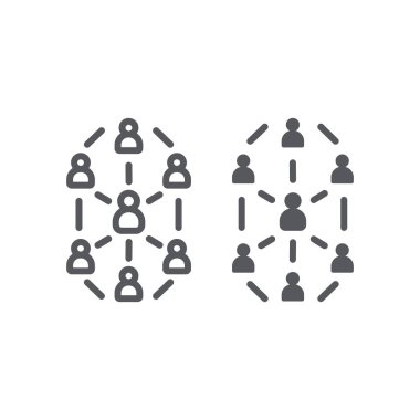 Sosyal ağ hattı ve glyph simgesi, web sitesi ve internet, topluluk ağ işareti, vektör grafikleri, beyaz arka planda doğrusal bir desen.