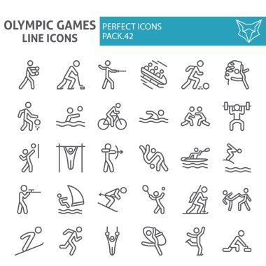 Olimpiyat oyunları çizgi simge seti, spor sembolleri toplama, vektör skeçler, logo çizimler, sporcu işaretleri doğrusal pictograms paketi beyaz arka plan izole.