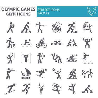Olimpiyat oyunları glyph simge seti, spor sembolleri toplama, vektör skeçler, logo çizimler, sporcu işaretleri katı pictograms paketi beyaz arka plan izole.
