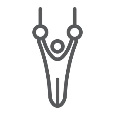 Jimnastik çizgi simgesi, spor ve jimnastik, halkalar işareti üzerinde atlet, vektör grafik, beyaz bir arka plan üzerinde doğrusal bir desen.