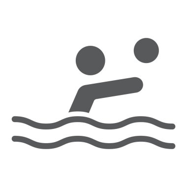 Sutopu glyph simgesi, spor ve su, top işareti ile yüzücü, vektör grafik, beyaz bir arka plan üzerinde sağlam bir desen.