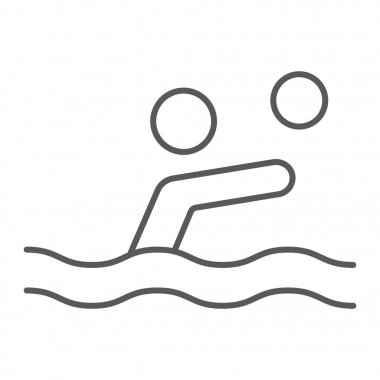 Sutopu ince çizgi simgesi, spor ve su, top işareti ile yüzücü, vektör grafik, beyaz bir arka plan üzerinde doğrusal bir desen.