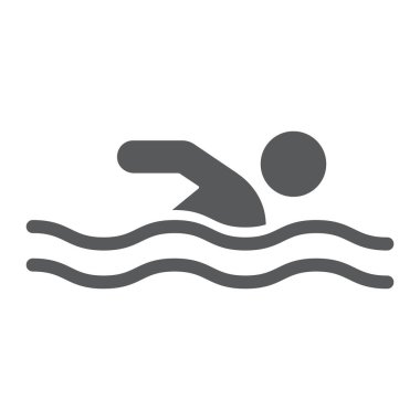 Yüzme glyph simgesi, spor ve su, yüzücü işareti, vektör grafik, beyaz bir arka plan üzerinde sağlam bir desen.