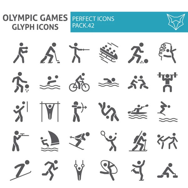 Olimpiyat oyunları glyph simge seti, spor sembolleri toplama, vektör skeçler, logo çizimler, sporcu işaretleri katı pictograms paketi beyaz arka plan izole.