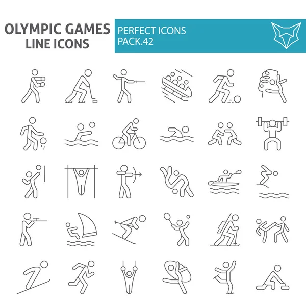 Olympische Spiele dünne Linie Symbolset, Sport-Symbolsammlung, Vektor-Skizzen, Logo-Illustrationen, Sportler Zeichen lineare Piktogramme Paket isoliert auf weißem Hintergrund. — Stockvektor