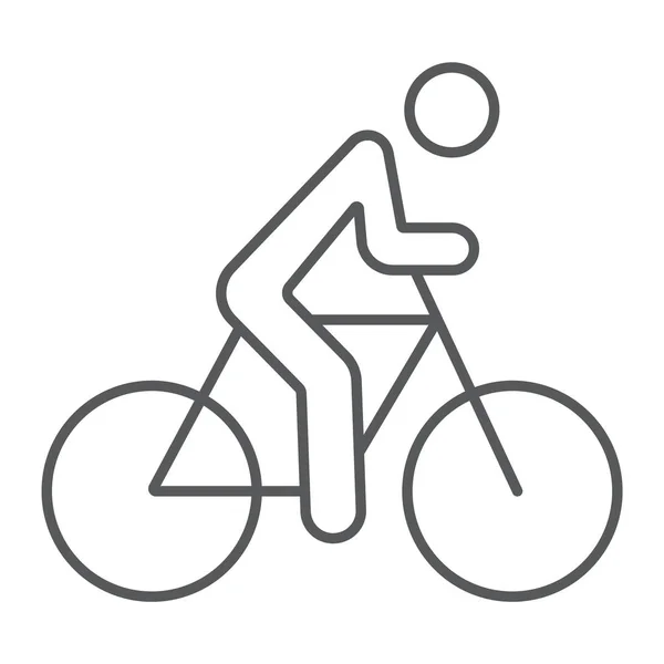 Тонкая линия иконки велосипеда, спорт и велосипед, человек на велосипеде знак, векторная графика, линейный узор на белом фоне . — стоковый вектор