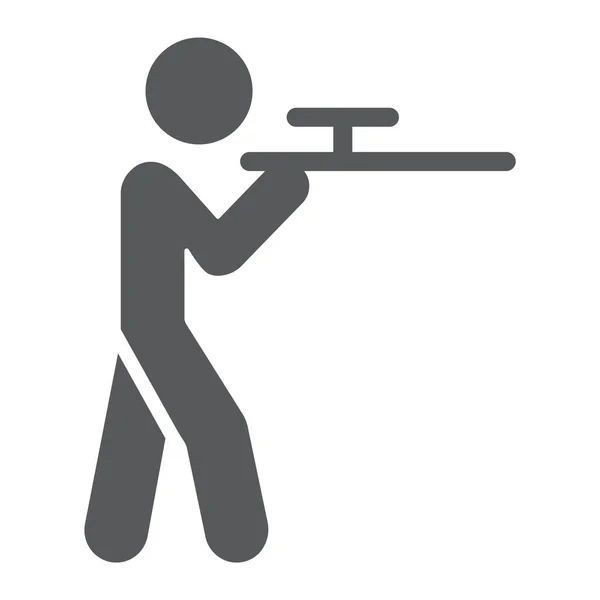 Çekim glyph simgesi, avcılık ve av tüfeği, riffle işareti ile adam, vektör grafik, beyaz bir arka plan üzerinde sağlam bir desen. — Stok Vektör