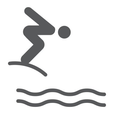 Atlama dalış glyph simgesi, spor ve su, dalgıç işareti, vektör grafik, beyaz bir arka plan üzerinde sağlam bir desen.