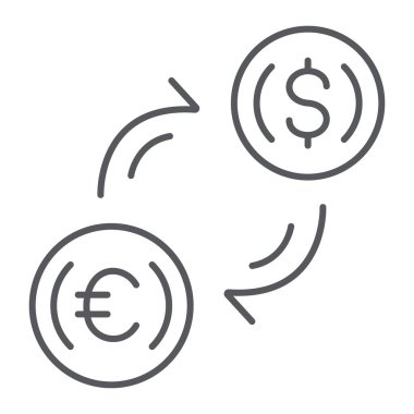 Para değişimi ince çizgi simgesi, finans ve bankacılık, döviz transferi işareti, vektör grafikleri, beyaz arka plan üzerinde doğrusal bir desen.