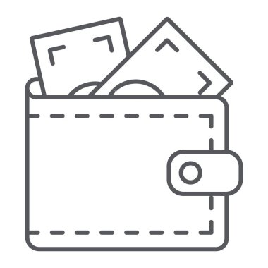 Cüzdan ince çizgi simgesi, finans ve nakit, çanta işareti, vektör grafikleri, beyaz arka plan üzerinde doğrusal bir desen.