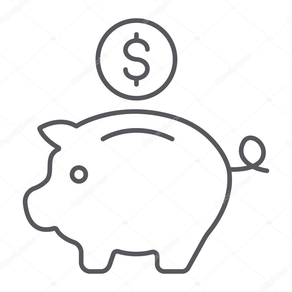 Piggy bank thin line icon, finance and banking, investment sign, vector graphics, a linear pattern on a white background, eps 10.