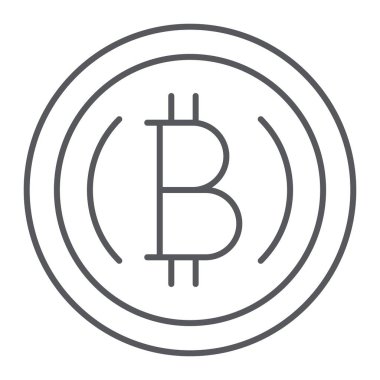 Bitcoin ince çizgi simgesi, finans ve kripto, kripto para işareti, vektör grafikleri, beyaz arka planda doğrusal bir desen.