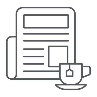 Fincan ince çizgi simgesi, sabah ve haber, günlük gazete işareti, vektör grafik, beyaz bir arka plan üzerinde doğrusal desen ile Gazete.