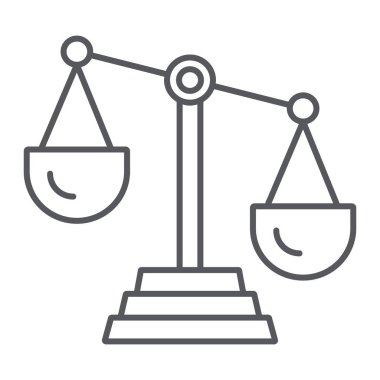 Adalet ölçeği ince çizgi simgesi, hukuk ve ölçek, denge işareti, vektör grafikleri, beyaz arka plan üzerinde doğrusal bir desen.