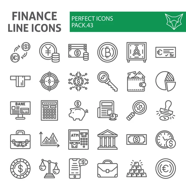 Zestaw ikon linii finansów, kolekcja symboli pieniężnych, szkice wektorowe, ilustracje logo, znaki bankowe liniowe piktogramy na białym tle. — Wektor stockowy