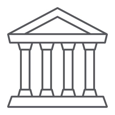Banka ince çizgi simgesi, bina ve mimari, adliye işareti, vektör grafikleri, beyaz arka plan üzerinde doğrusal bir desen.