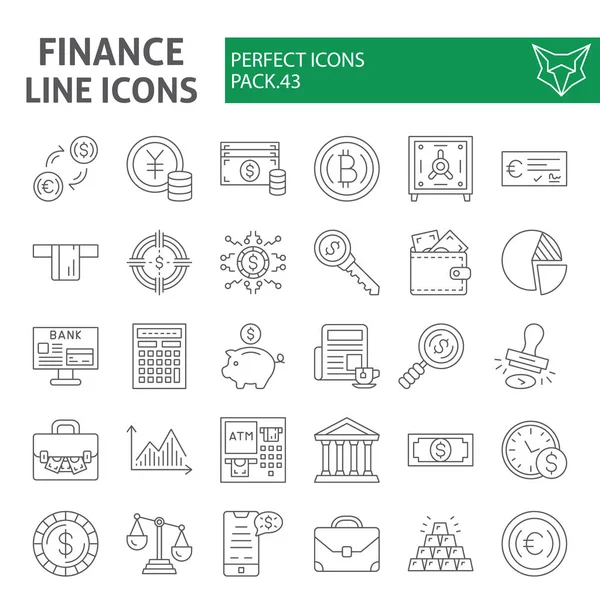 Finanse cienki zestaw ikon linii, zbieranie symboli pieniędzy, szkice wektorowe, ilustracje logo, znaki bankowe liniowe piktogramy pakiet na białym tle. — Wektor stockowy