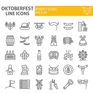 Oktoberfest çizgi simgesi seti, Bavyera tatil sembolleri koleksiyonu, vektör çizimleri, logo çizimleri, bira işaretleri doğrusal piktogramlar paketi beyaz arka plan üzerinde izole.