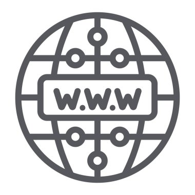 Internet line simgesi, web sitesi ve küre, ağ işareti, vektör grafikleri, beyaz arka plan üzerinde doğrusal bir desen.