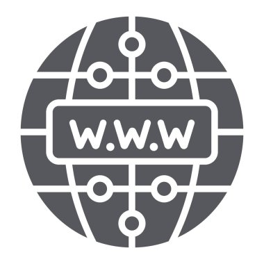 Internet glyph simgesi, web sitesi ve küre, ağ işareti, vektör grafikleri, beyaz arka plan üzerinde sağlam bir desen.