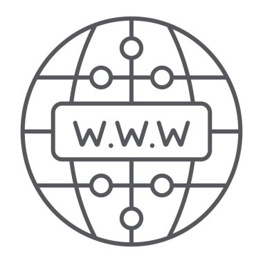 Internet ince çizgi simgesi, web sitesi ve küre, ağ işareti, vektör grafikleri, beyaz arka plan üzerinde doğrusal bir desen.