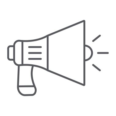 Megafon ince çizgi simgesi, duyuru ve hoparlör, hoparlör işareti, vektör grafikleri, beyaz arka plan üzerinde doğrusal bir desen.