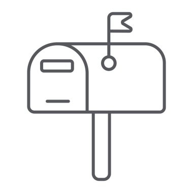 Posta kutusu ince çizgi simgesi, posta ve adres, pobox işareti, vektör grafikleri, beyaz arka plan üzerinde doğrusal desen.