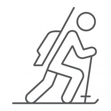 Biatlon ince çizgi simgesi, spor ve kış, kayakçı işareti, vektör grafikleri, beyaz arka plan üzerinde doğrusal bir desen.