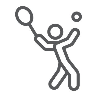 Tenisçi çizgi simgesi, spor ve aktif, raket işareti ile sporcu, vektör grafik, beyaz bir arka plan üzerinde doğrusal bir desen.