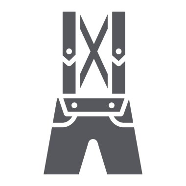 Deri pantolon lederhosen glyph simgesi, giysi ve geleneksel, bavyera pantolon işareti, vektör grafik, beyaz bir arka plan üzerinde sağlam bir desen.