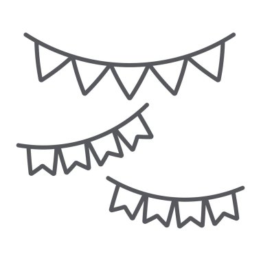 Çelenk ince çizgi simgesi, şenlikli ve dekor, parti çelenk işareti, vektör grafik, beyaz bir arka plan üzerinde doğrusal bir desen.