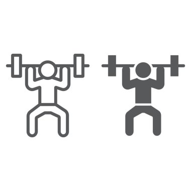 Halterci hattı ve glyph simgesi, spor ve vücut geliştirme, halter işareti, vektör grafikler, beyaz bir arka plan üzerinde doğrusal bir desen.