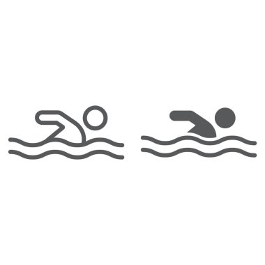 Yüzme hattı ve glyph simgesi, spor ve su, yüzücü işareti, vektör grafikleri, beyaz arka plan üzerinde doğrusal bir desen.