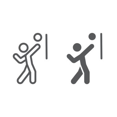 Voleybolcu çizgi ve glyph simgesi, spor ve aktif, top işareti ile kişi, vektör grafik, beyaz bir arka plan üzerinde doğrusal bir desen.
