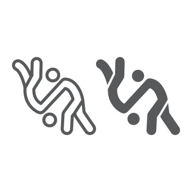 Judo hattı ve glyph simgesi, spor ve mücadele, karate işareti, vektör grafikleri, beyaz arka plan üzerinde doğrusal bir desen.