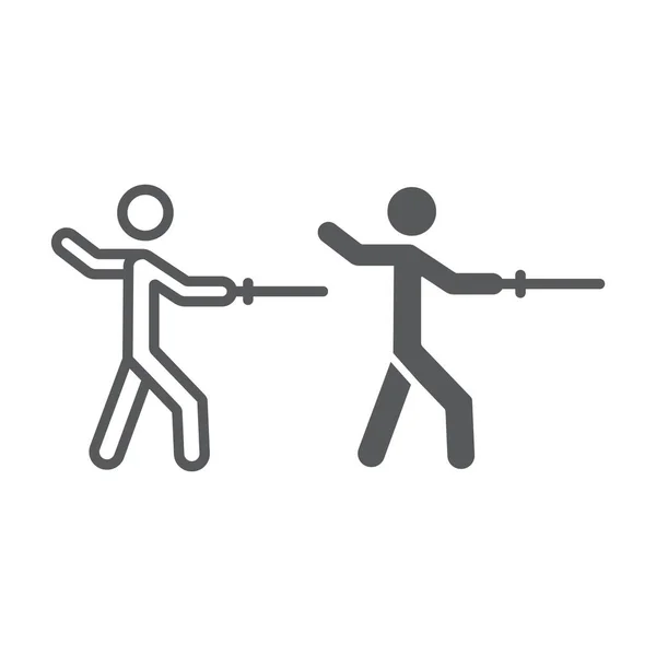 男子击剑线和字形图标,运动和战斗,栅栏标志,矢量图形,白色背景上的线性图案. — 图库矢量图片