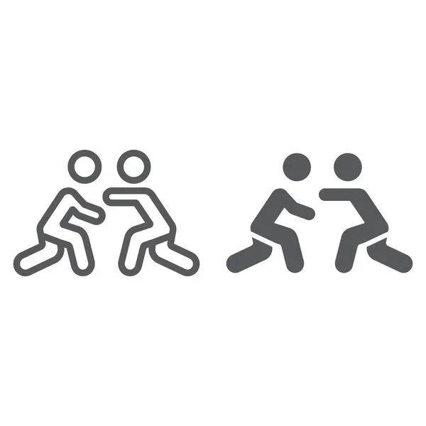 Wrestling line and glyph icon, esporte e combate, wrestlers fighting sign, gráficos vetoriais, um padrão linear em um fundo branco . — Vetor de Stock