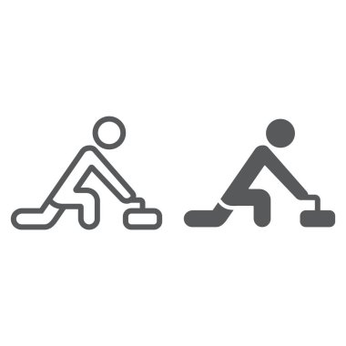 Curling oyun çizgisi ve glyph simgesi, spor ve kış, curler atlet işareti, vektör grafikleri, beyaz arka plan üzerinde doğrusal bir desen.
