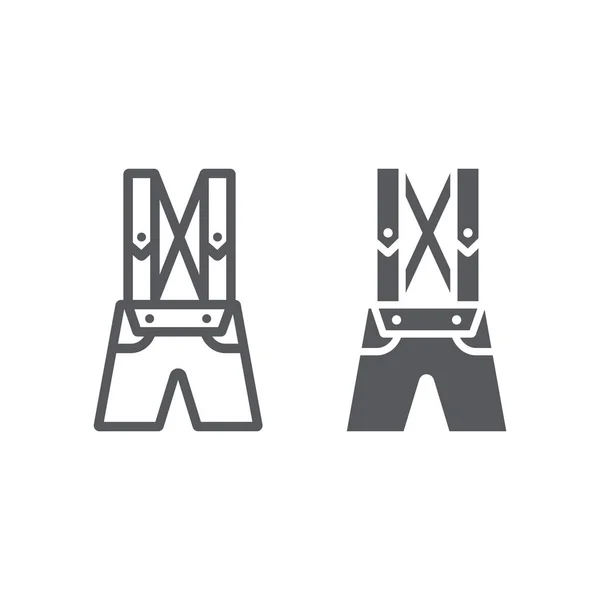 Pantalone in pelle lederhosen linea e icona glifo, abiti e tradizionali, segno bavarese pantaloni, grafica vettoriale, un motivo lineare su sfondo bianco . — Vettoriale Stock