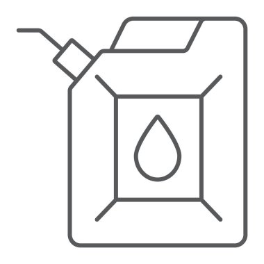 Jerrycan ince çizgi simgesi, teneke kutu ve konteyner, yakıt tankı işareti, vektör grafikleri, beyaz arka plan üzerinde doğrusal bir desen.