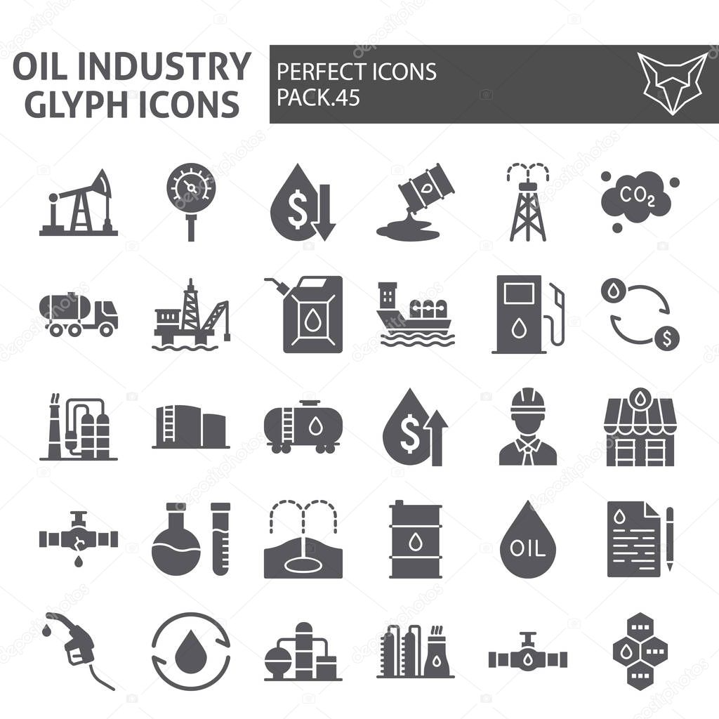 Oil industry glyph icon set, fuel production symbols collection, vector sketches, logo illustrations, nature resources signs solid pictograms package isolated on white background.