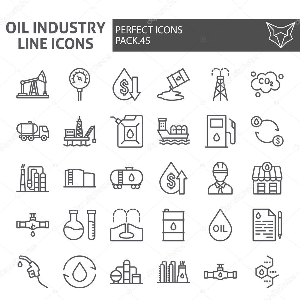 Oil industry line icon set, fuel production symbols collection, vector sketches, logo illustrations, nature resources signs linear pictograms package isolated on white background, eps 10.