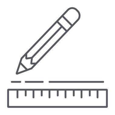 Cetvel ve kalem ince çizgi simgesi, enstrüman ve okul, çizim ekipman işareti, vektör grafikleri, beyaz bir arka plan üzerinde doğrusal bir desen.